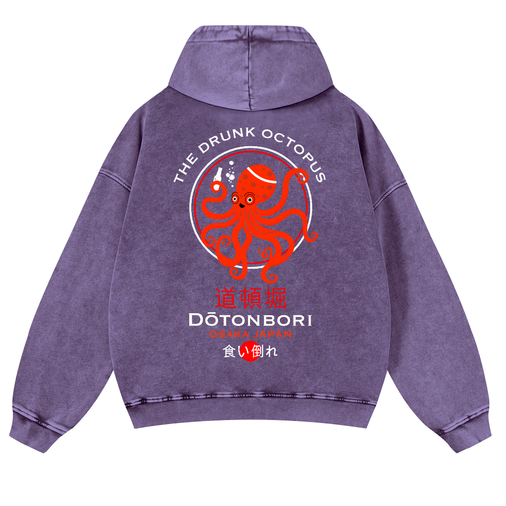 The Drunk Octopus Dotonbori Osaka Japan Vintage Washed Cotton Back Art Hoodie