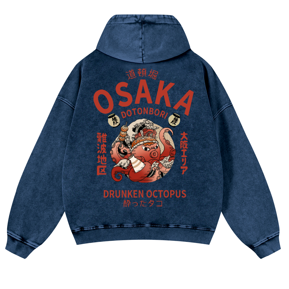 Osaka Dotonbori Drunken Octopus Vintage Washed Cotton Back Art Hoodie