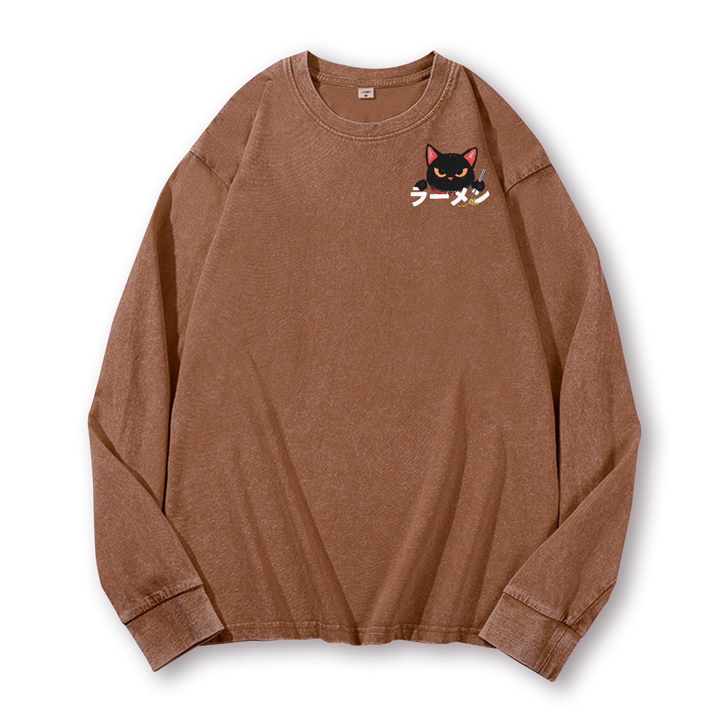 Ramen Black Cat Vintage Washed Cotton Back Art Long-sleeve T-shirt