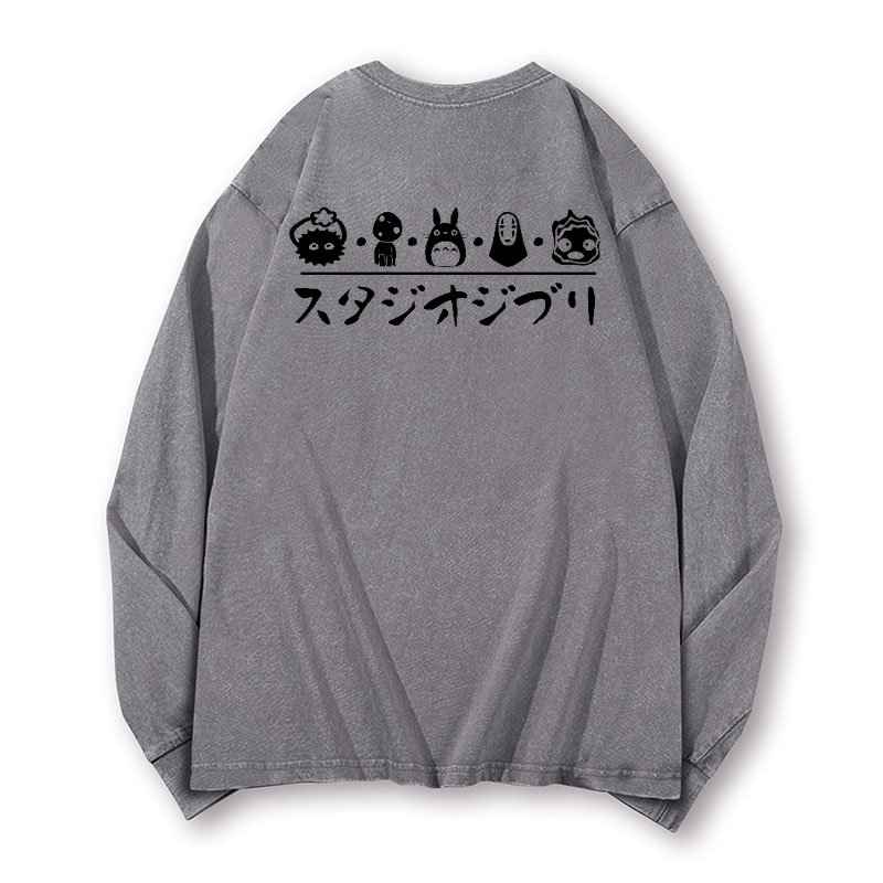 Ghibli Totoro No Face Kaonashi Vintage Washed Cotton Back Art Long-sleeve T-shirt