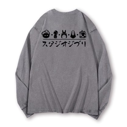 Ghibli Totoro No Face Kaonashi Vintage Washed Cotton Back Art Long-sleeve T-shirt
