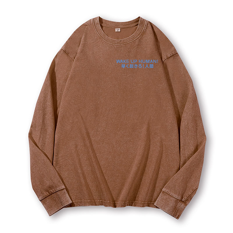 Wake Up Human Vintage Washed Cotton Back Art Long-sleeve T-shirt