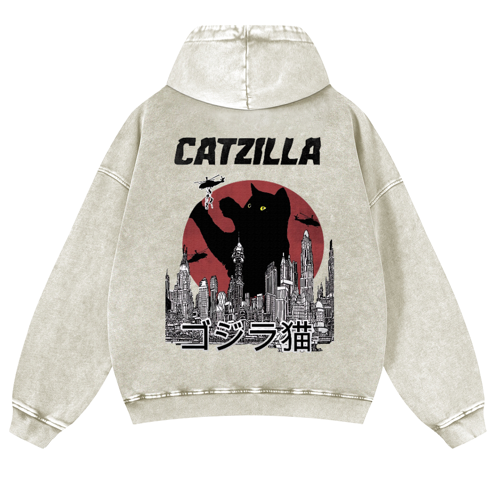 Catzilla Cat Godzilla Vintage Washed Cotton Back Art Hoodie