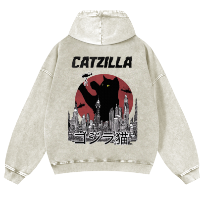 Catzilla Cat Godzilla Vintage Washed Cotton Back Art Hoodie