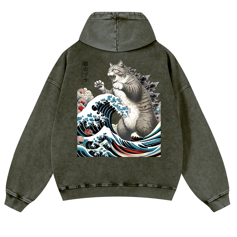 Cat Godzilla Ukiyoe Great Wave Vintage Washed Cotton Back Art Hoodie