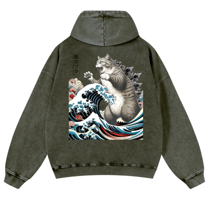 Cat Godzilla Ukiyoe Great Wave Vintage Washed Cotton Back Art Hoodie