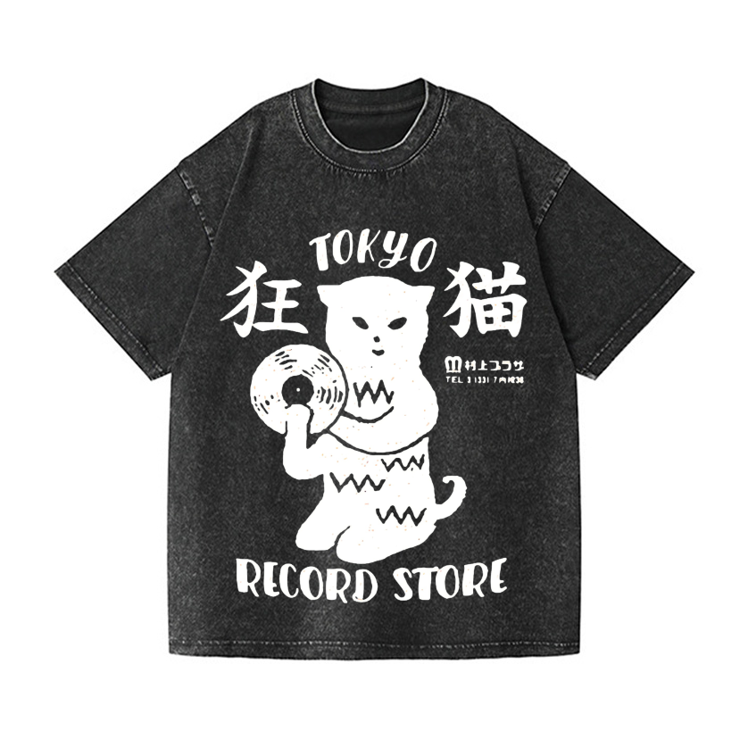 Tokyo Cat Record Store Vintage Wash Japanese Design T-Shirt