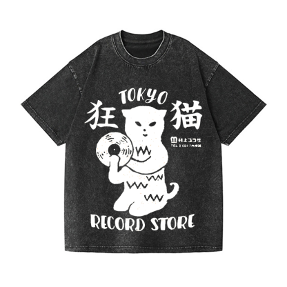 Tokyo Cat Record Store Vintage Wash Japanese Design T-Shirt