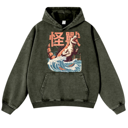 Godzilla Sushi Monster Wave Vintage Washed Thick Cotton Hoodie