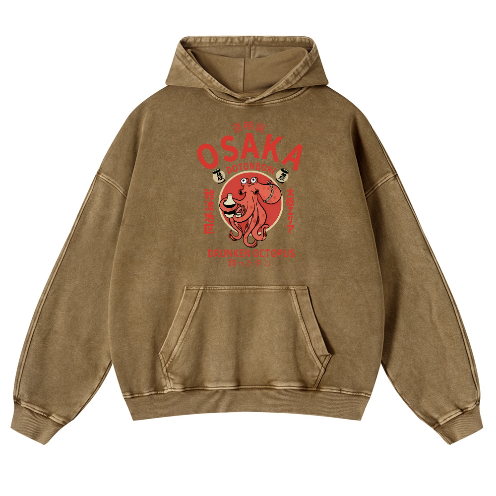 OSAKA Dotonbori Octopus Vintage Washed Thick Cotton Hoodie