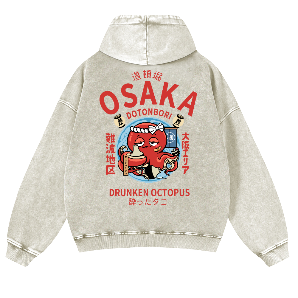 Osaka Dotonbori Drunken Octopus Vintage Washed Cotton Back Art Hoodie