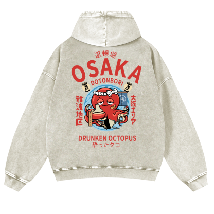Osaka Dotonbori Drunken Octopus Vintage Washed Cotton Back Art Hoodie