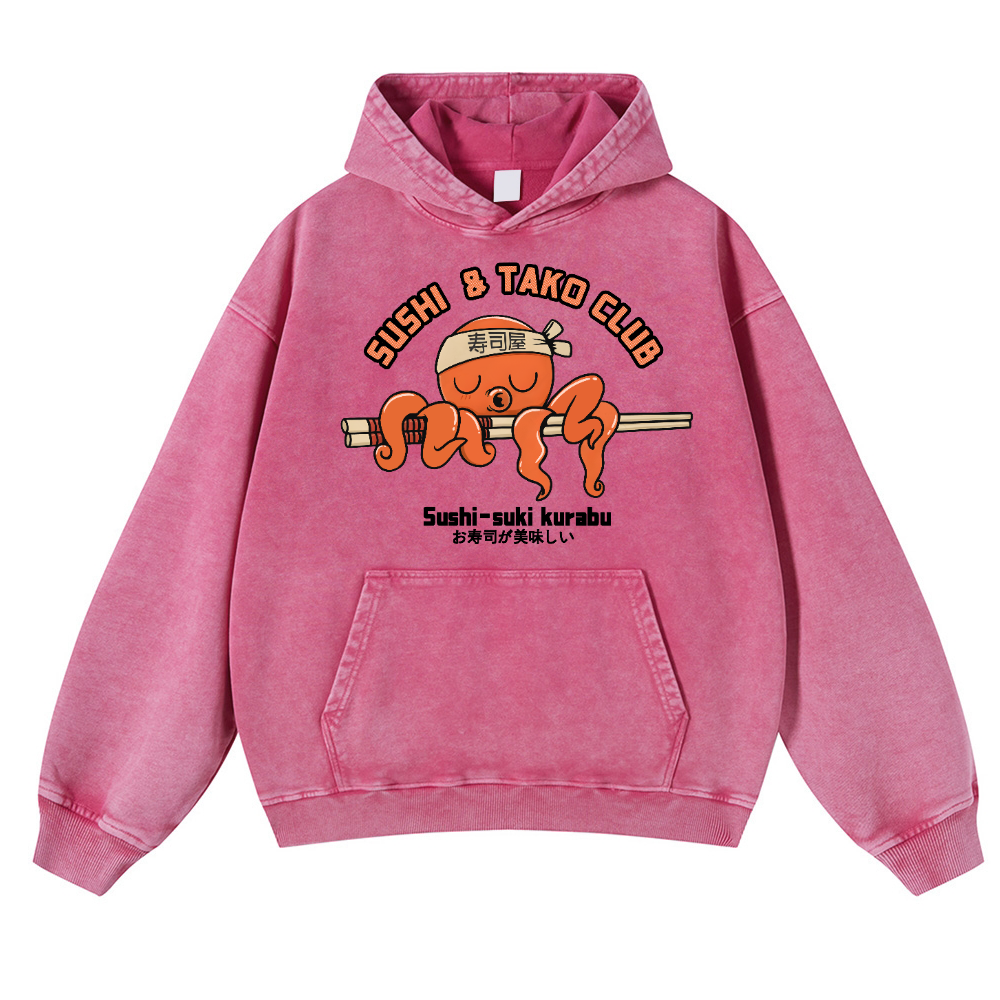 Sushi and Tako Octopus Vintage Washed Thick Cotton Hoodie