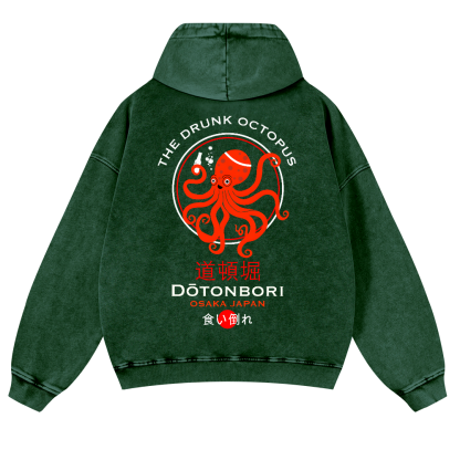 The Drunk Octopus Dotonbori Osaka Japan Vintage Washed Cotton Back Art Hoodie