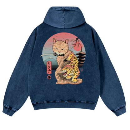 Japanese themed Cat Tiger Illustration Vintage Washed Cotton Back Art Hoodie