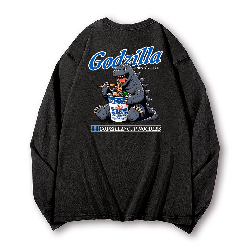 Cup Noodles Godzilla Vintage Washed Cotton Back Art Long-sleeve T-shirt