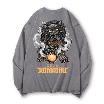 Komainu Vintage Washed Cotton Back Art Long-sleeve T-shirt