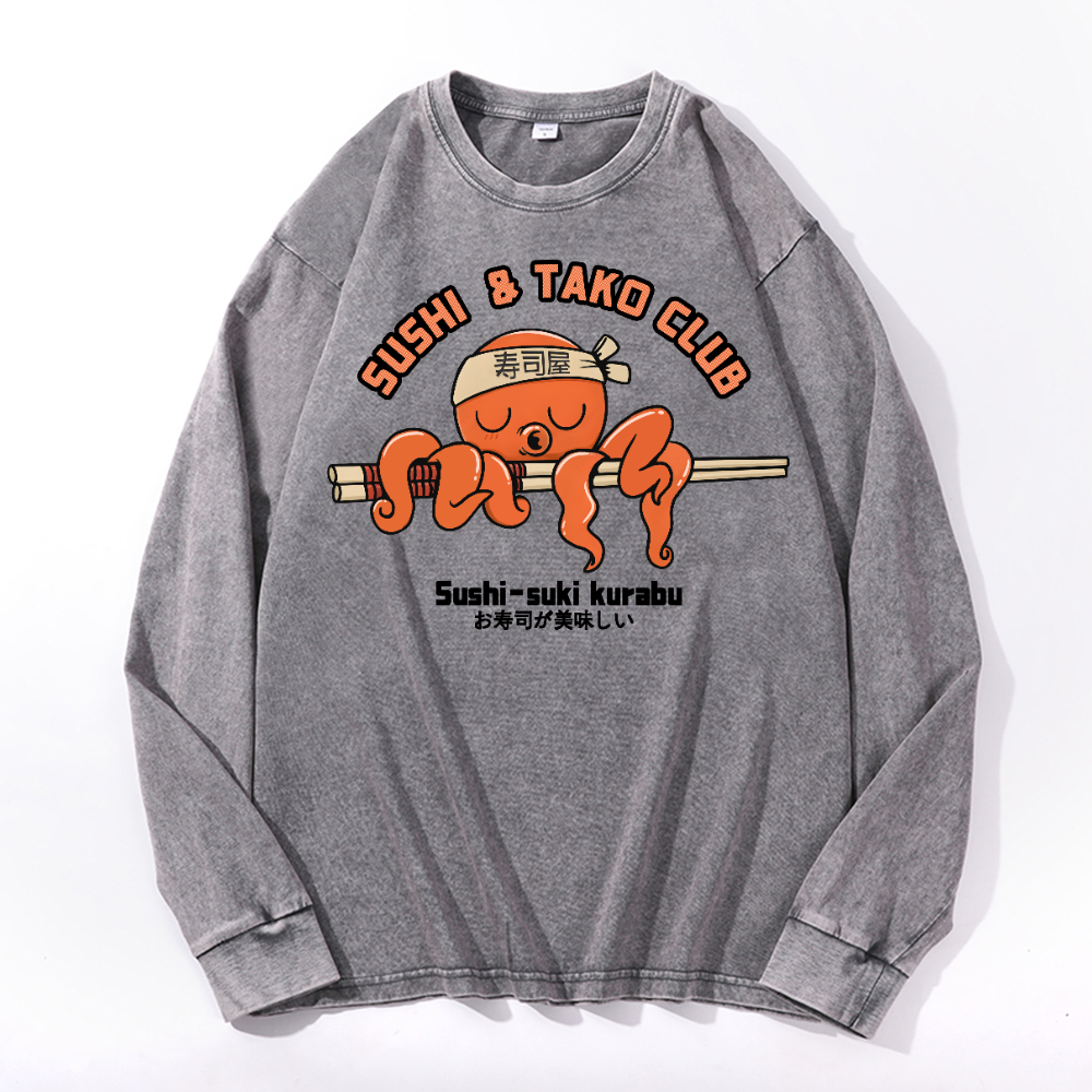 Sushi and Tako Octopus Vintage Cotton Wash Crewneck Sweatshirt