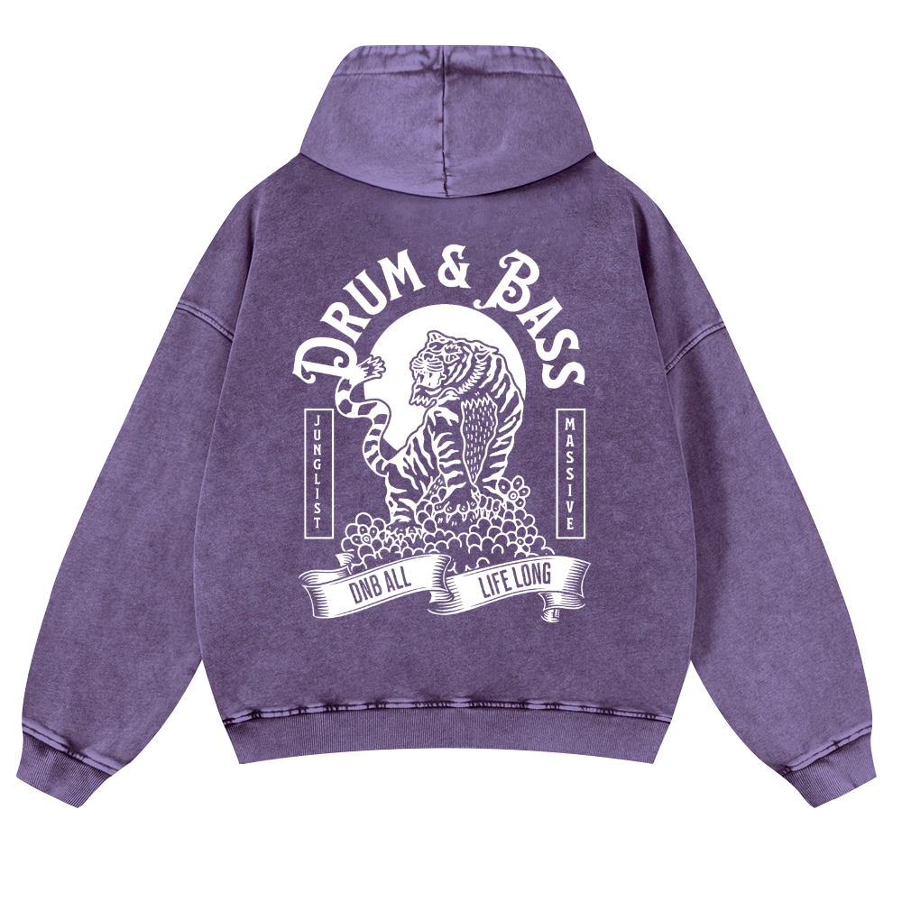 Drum and Bass Tiger Vintage Washed Cotton Back Art Hoodie