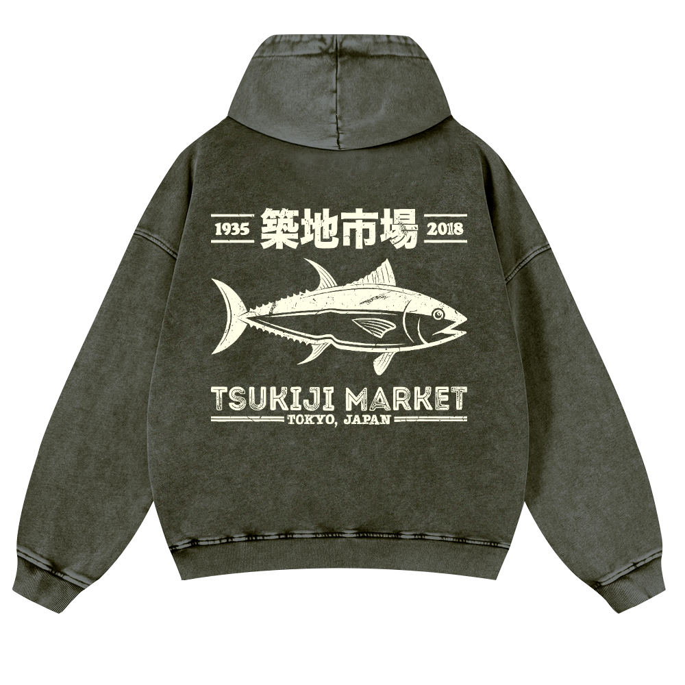 Tsukiji Market Tokyo Japan Fish Vintage Washed Cotton Back Art Hoodie