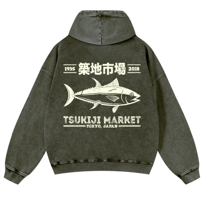 Tsukiji Market Tokyo Japan Fish Vintage Washed Cotton Back Art Hoodie