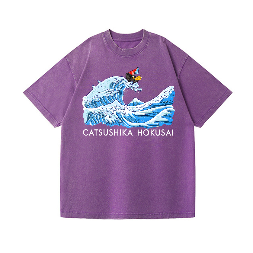 Catsushika Hokusai Cat Wave Vintage Wash Japanese Design T-Shirt