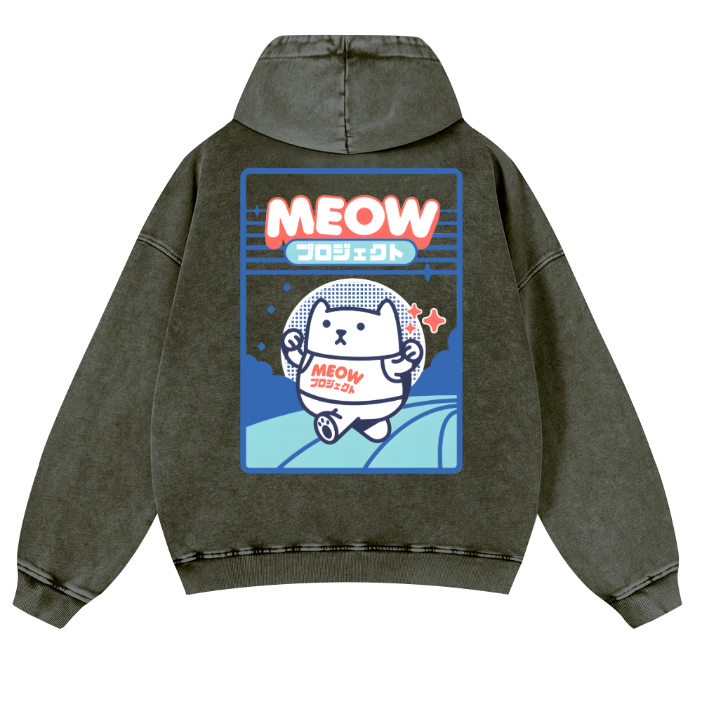 Meow Cat Vintage Washed Cotton Back Art Hoodie