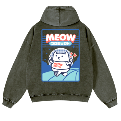 Meow Cat Vintage Washed Cotton Back Art Hoodie