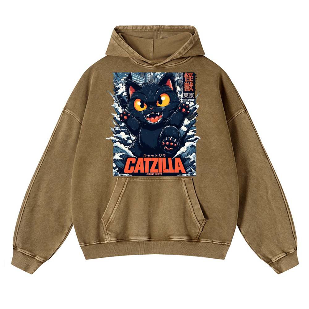 Catzilla Cat Godzilla Vintage Washed Thick Cotton Hoodie