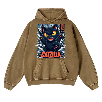 Catzilla Cat Godzilla Vintage Washed Thick Cotton Hoodie
