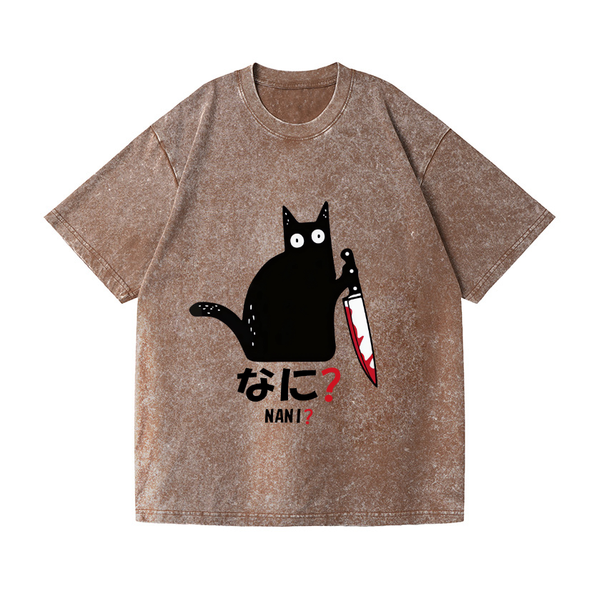 The Black Cat with a Knife Vintage Wash Japanese Design T-Shirt