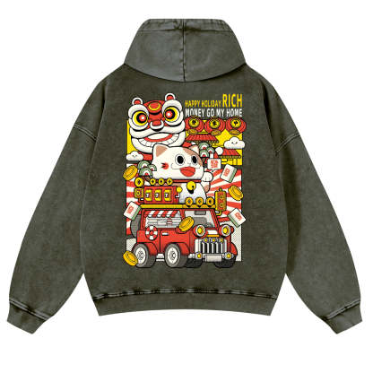 Cat Vintage Washed Cotton Back Art Hoodie