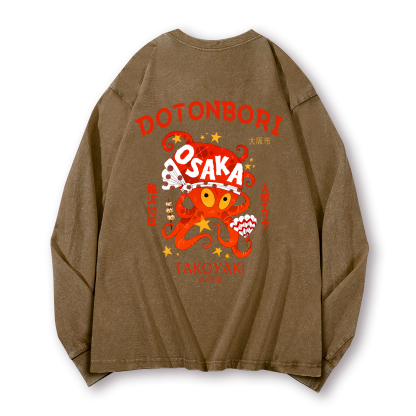 Osaka Dotonbori Octopus Vintage Washed Cotton Back Art Long-sleeve T-shirt