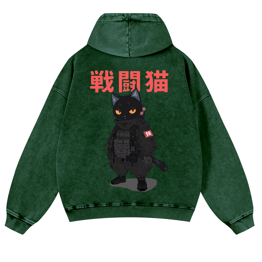 Battle Black Cat Vintage Washed Cotton Back Art Hoodie