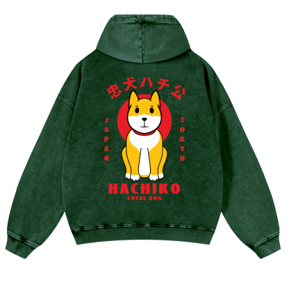 Hachiko Vintage Washed Cotton Back Art Hoodie