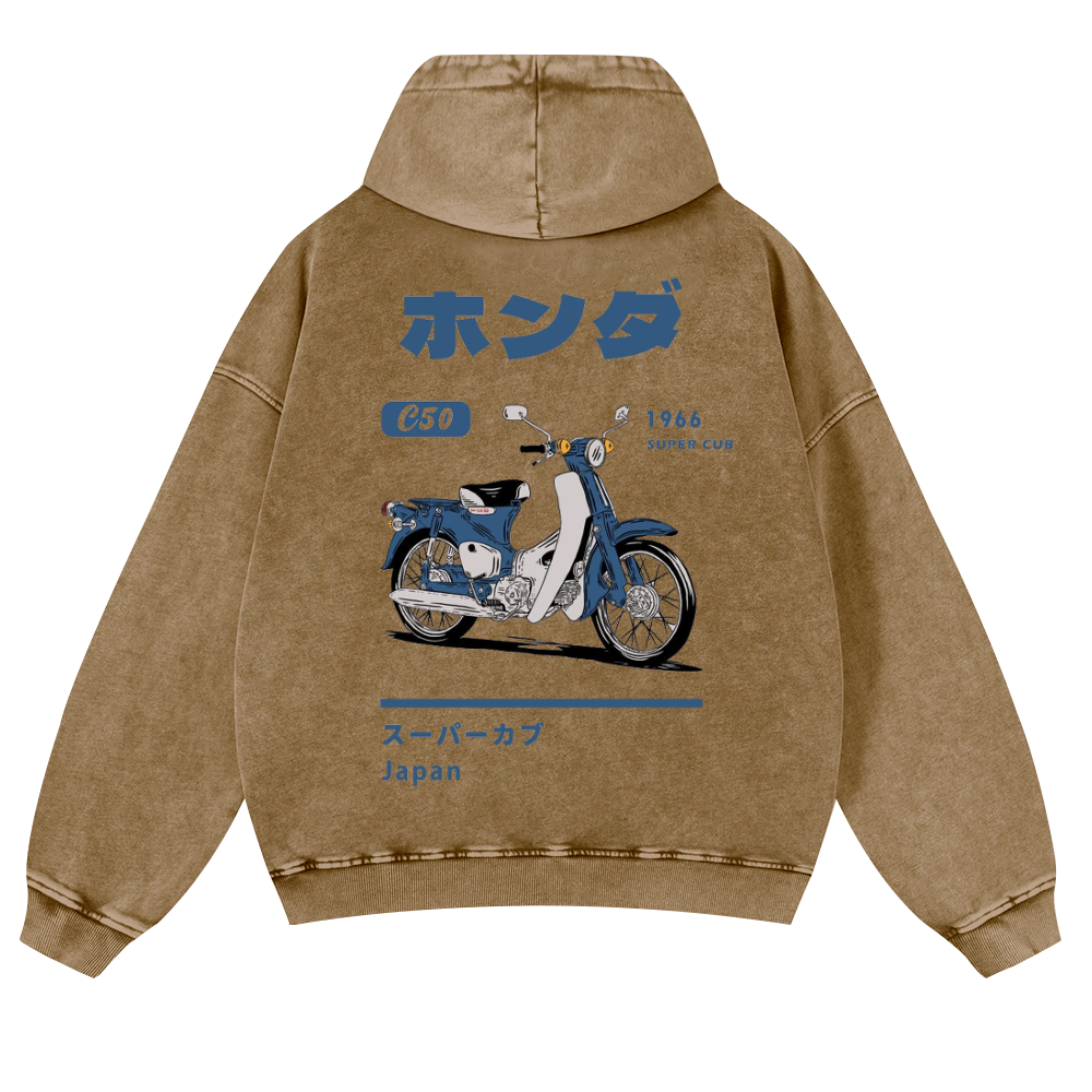 Honda C50 Super Cub Vintage Washed Cotton Back Art Hoodie