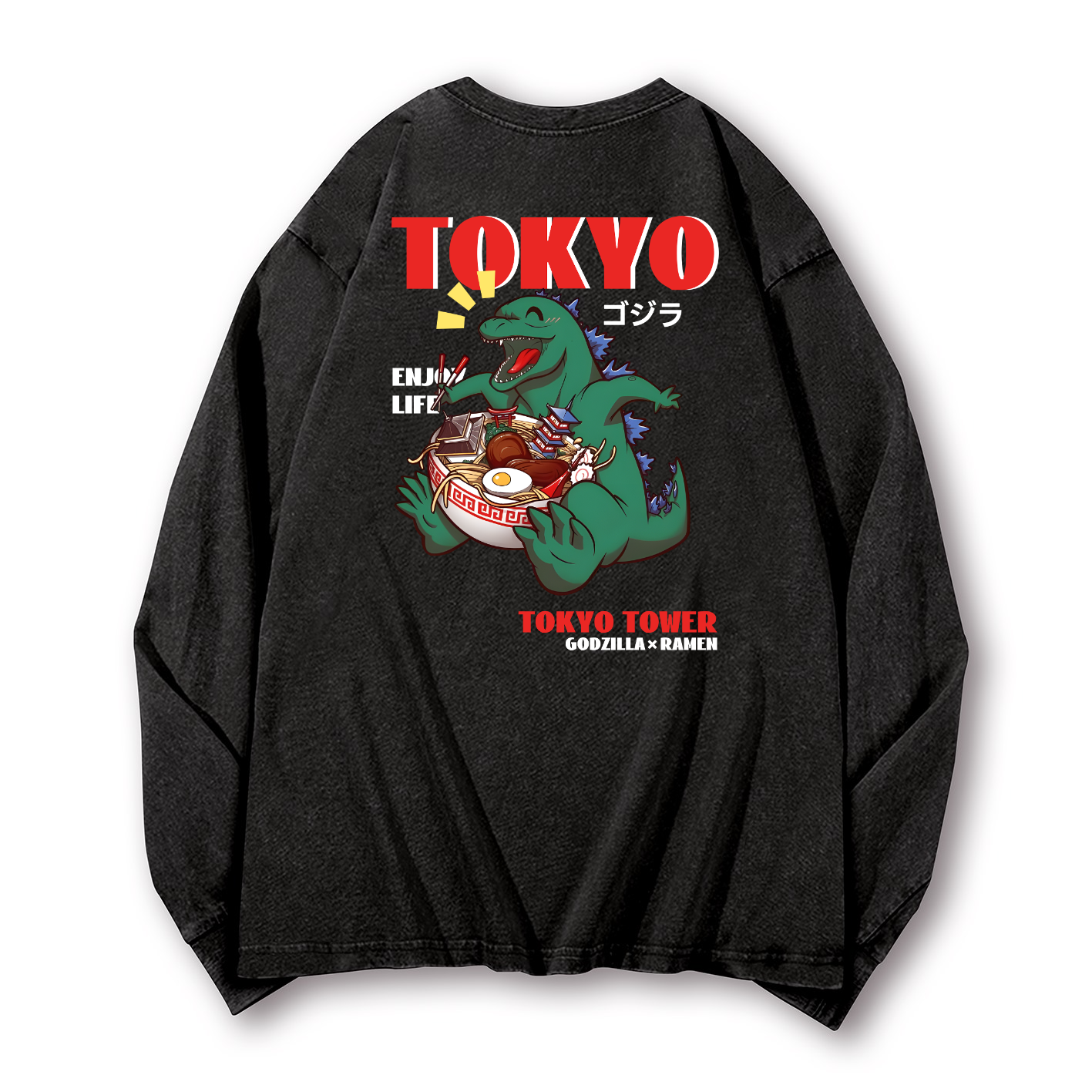 Ramen Godzilla Vintage Washed Cotton Back Art Long-sleeve T-shirt