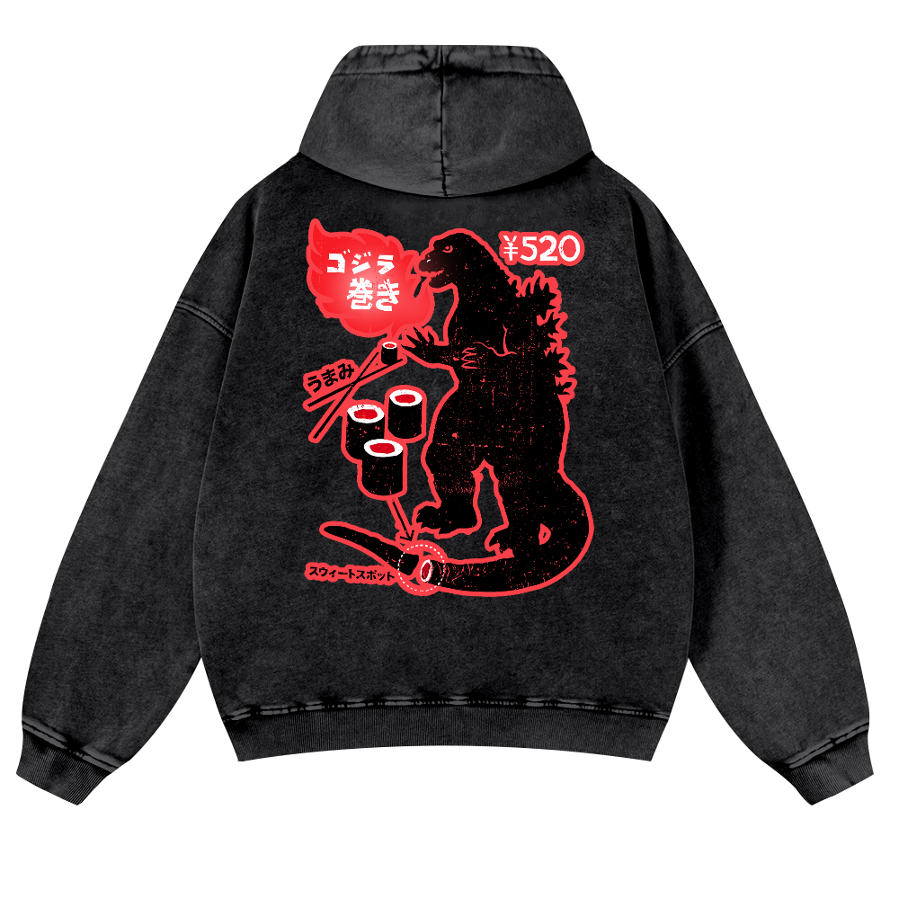 Godzilla Sushi Vintage Washed Cotton Back Art Hoodie