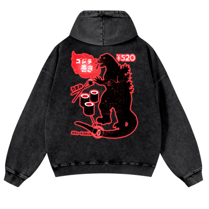 Godzilla Sushi Vintage Washed Cotton Back Art Hoodie