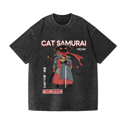 Cat Samurai Vintage Wash Japanese Design T-Shirt