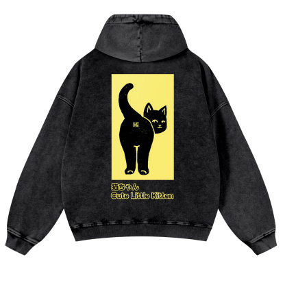 Cute Little Kitten Black Cat Vintage Washed Cotton Back Art Hoodie