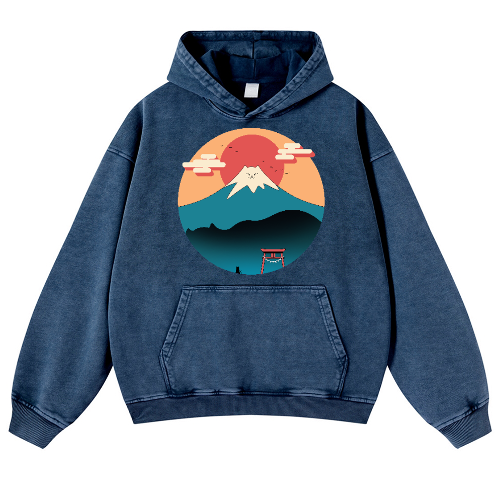 Cat Mount FUJI Vintage Washed Thick Cotton Hoodie