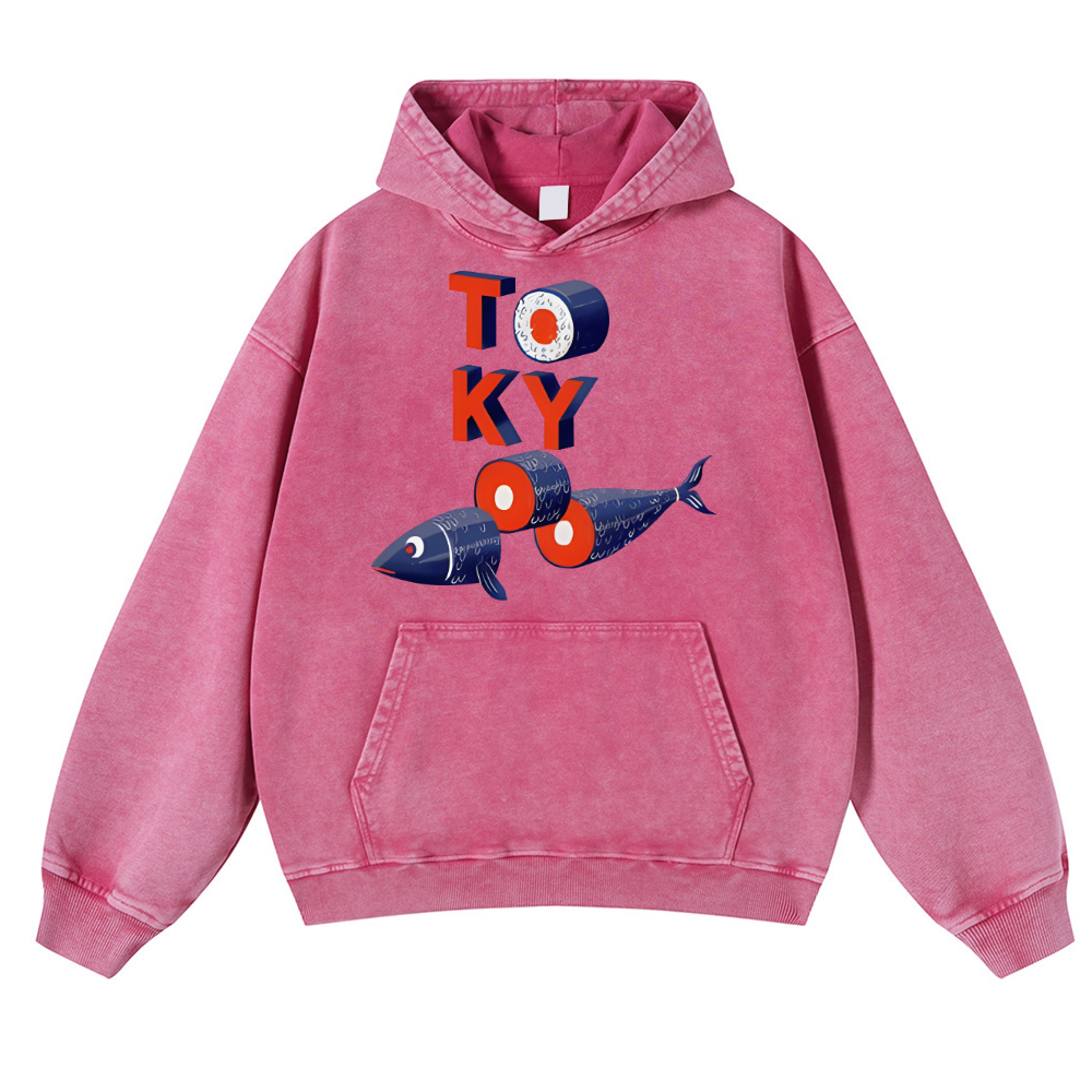 Tokyo Sushi Fish Vintage Washed Thick Cotton Hoodie