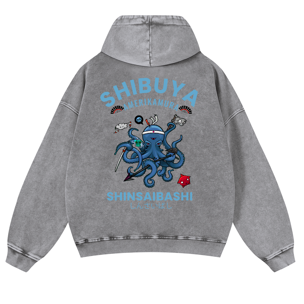 Shibuya Octopus Vintage Washed Cotton Back Art Hoodie