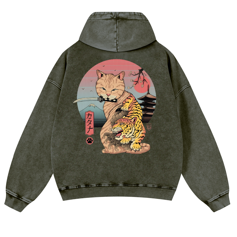 Japanese themed Cat Tiger Illustration Vintage Washed Cotton Back Art Hoodie