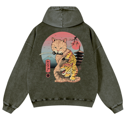 Japanese themed Cat Tiger Illustration Vintage Washed Cotton Back Art Hoodie