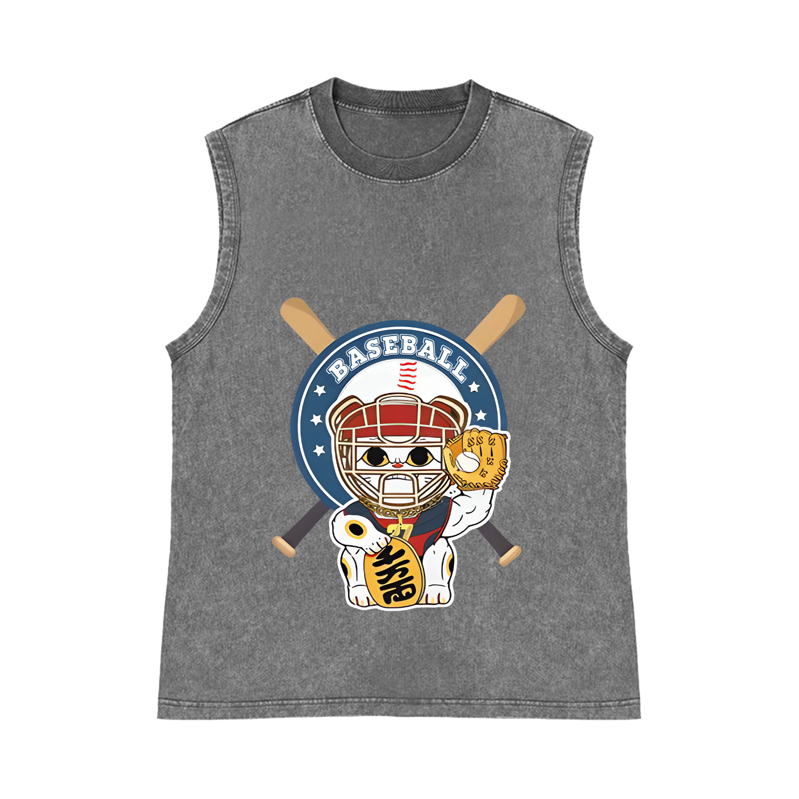 Baseball Maneki neko Pure Cotton Wash-Dyed Sleeveless Tank Top