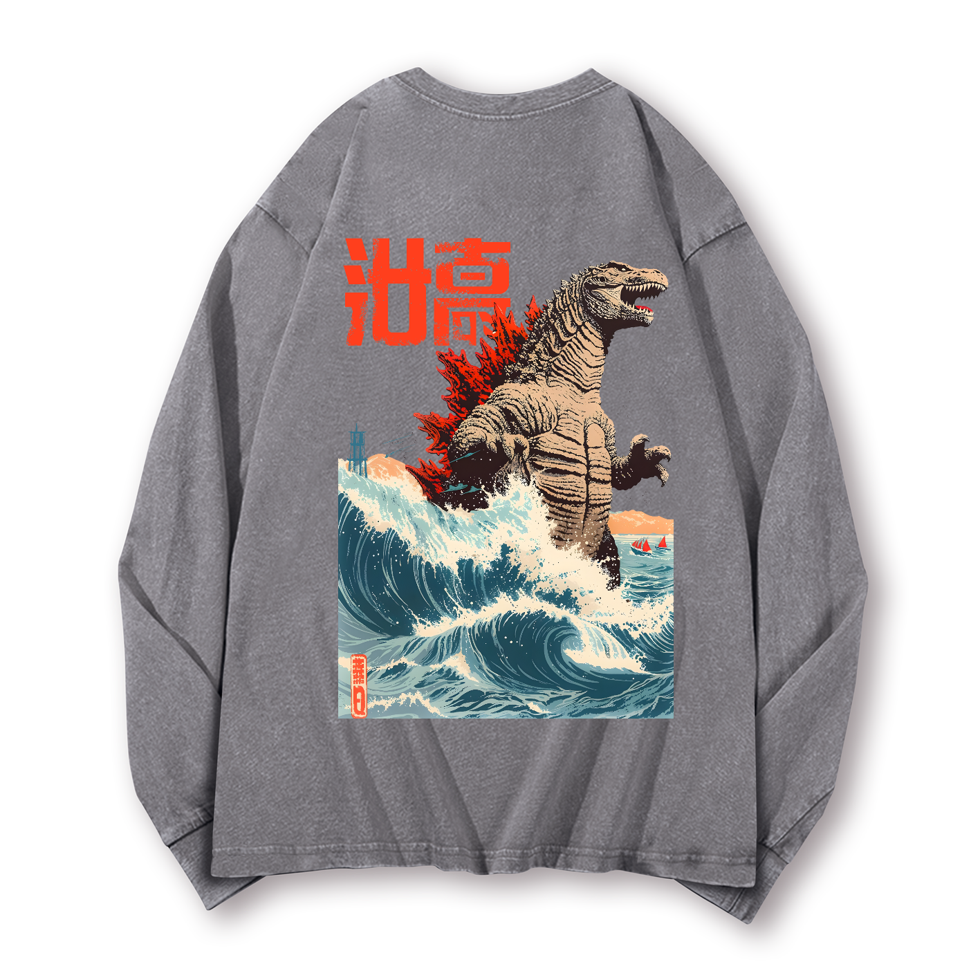 Godzilla Wave Vintage Washed Cotton Back Art Long-sleeve T-shirt