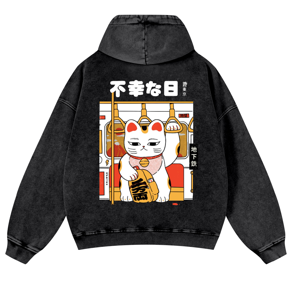 Cat Vintage Washed Cotton Back Art Hoodie