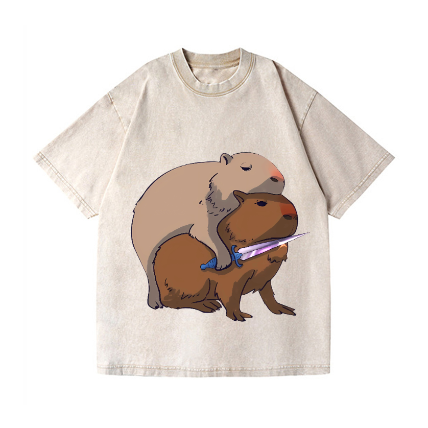Capybaras and the Mysterious Sword Vintage Wash Japanese Design T-Shirt